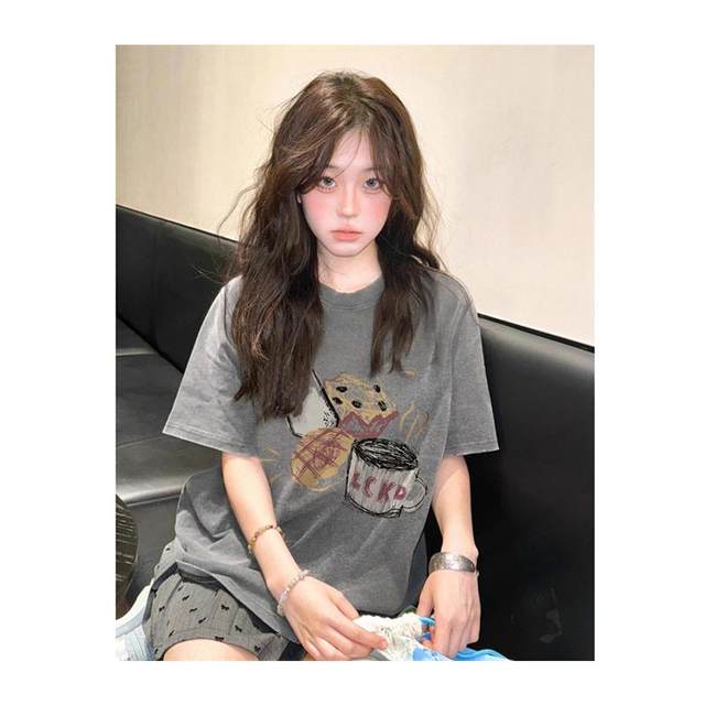 American retro fun printed gray front shoulder short-sleeved T-shirt for women 2025 summer new loose half-sleeved top trendy
