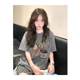 American retro fun printed gray front shoulder short-sleeved T-shirt for women 2025 summer new loose half-sleeved top trendy
