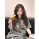 American retro fun printed gray front shoulder short-sleeved T-shirt for women 2025 summer new loose half-sleeved top trendy
