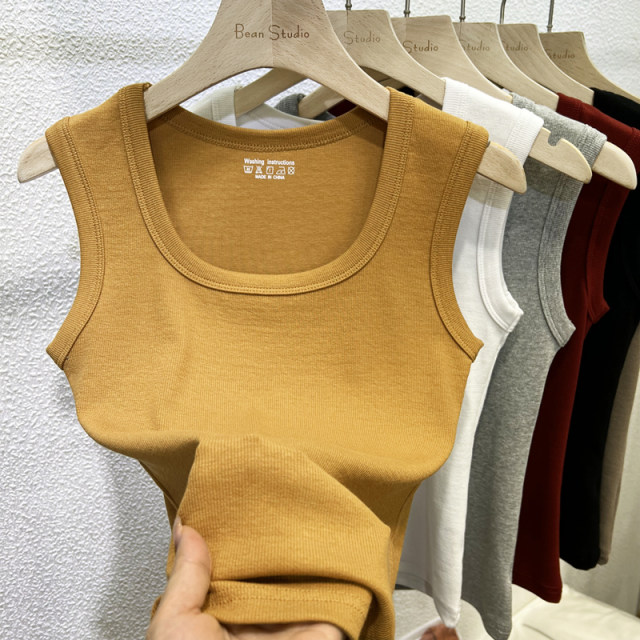 2025 new summer breast-covering sleeveless vest threaded cotton slim fit and slim front shoulder square collar collar tight body