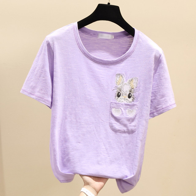 Forward shoulder white short-sleeved T-shirt for women in summer 2025 new embroidered half-sleeved fashionable loose Korean bamboo joint cotton top