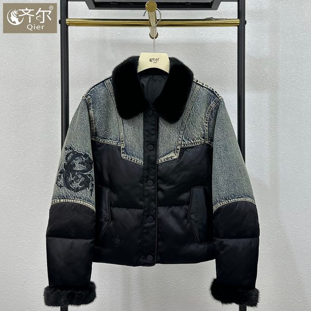 
Haining new winter style real mink fur spliced denim warm white goose down down jacket fur coat for women European station