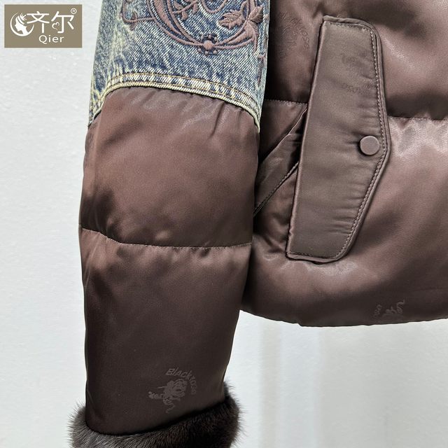 
Haining new winter style real mink fur spliced denim warm white goose down down jacket fur coat for women European station
