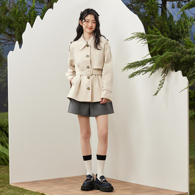 PIT khaki medium-length lapel windbreaker jacket for women 2025 spring new fashionable and versatile single-breasted button
