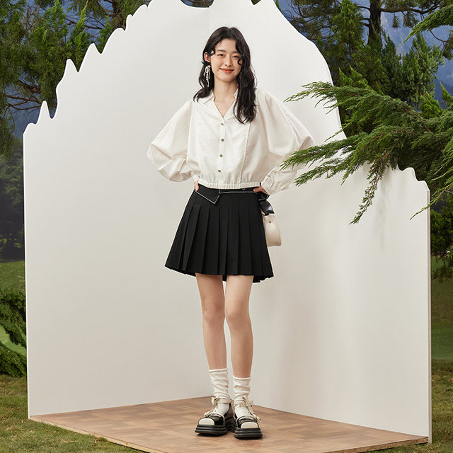 PIT simple retro pleated high-waist short skirt new versatile college style commuting to make you look thin
