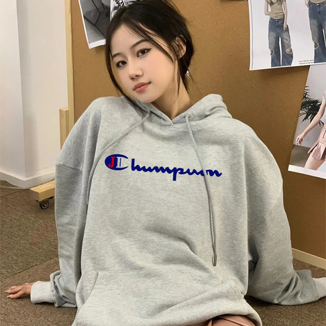 Japanese version of autumn and winter champion hooded pullover sweatshirt for women couple plus velvet thickened loose oversize cotton top for men