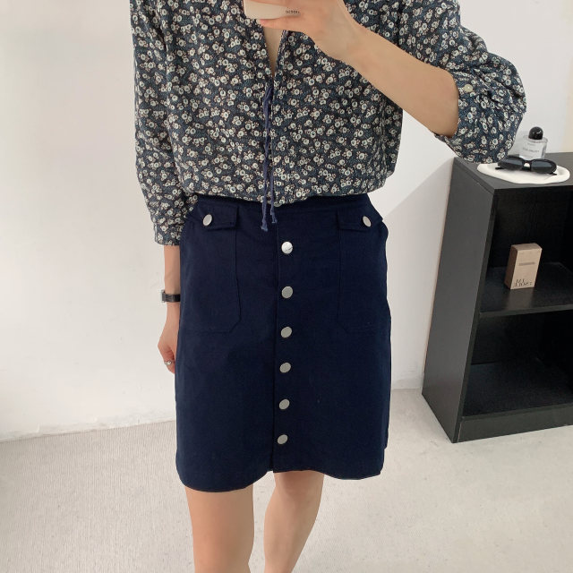 European and American cotton pockets slim solid color button commuting OL skirt, original foreign trade single women's summer and autumn new style