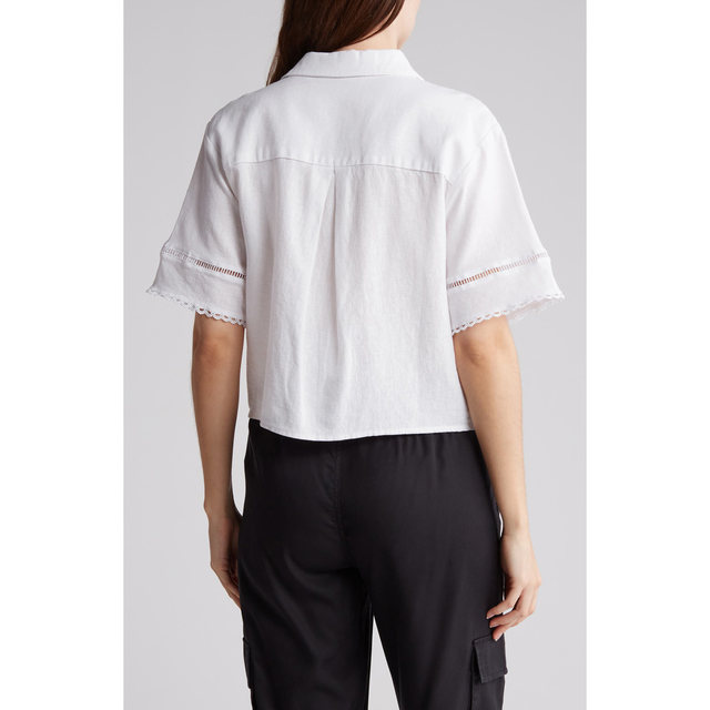 European and American linen lace embroidery spliced ​​short cotton linen casual solid color shirt, foreign trade original single women's clothing large-size summer