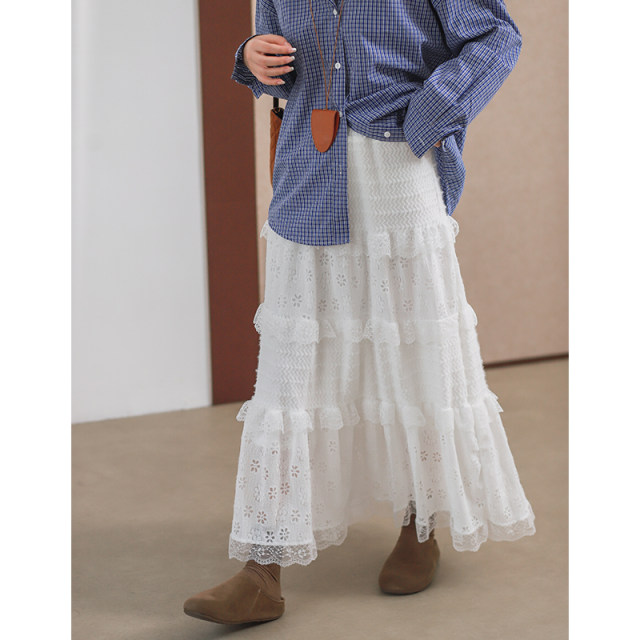 Fildan Lace Cake Layer Spliced ​​Elastic Waist Skirt, slim and sweet bottoming skirt, 8282