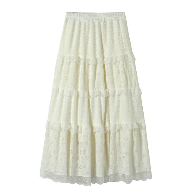 Fildan Lace Cake Layer Spliced ​​Elastic Waist Skirt, slim and sweet bottoming skirt, 8282
