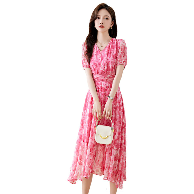 New French Print Large Slender Waist Dress V -neck short -sleeved high -level high -level high -end seaside holiday skirt
