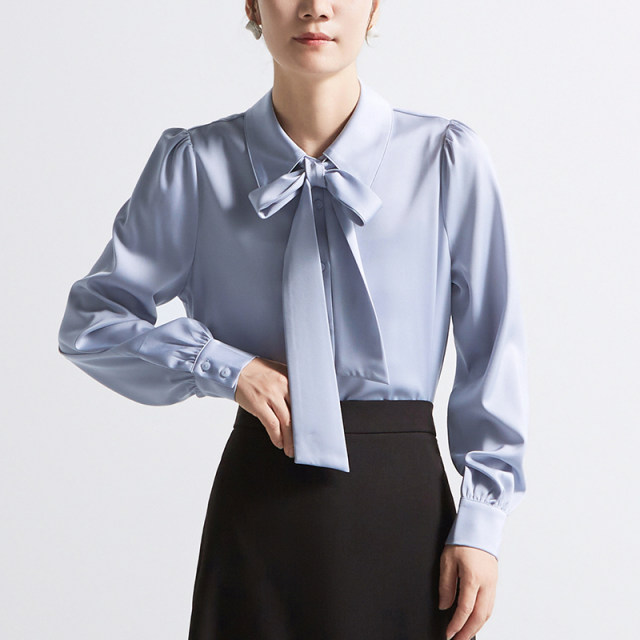 
CHICBLISS Satin Blue Shirt Women's Long Sleeve Temperament Commuter Bow Streamer Shirt Women's Teacher Interview