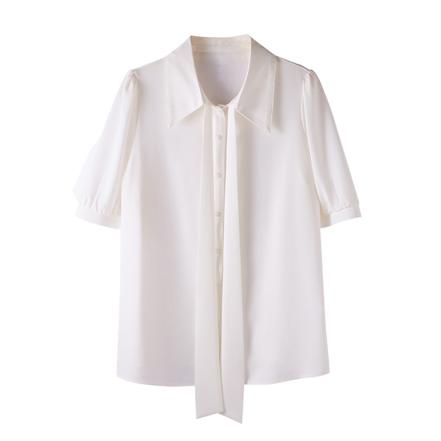 CHICBLISS White Chiffon Shirt Women's Summer Bow Lace Commuter Draped Point Collar Shirt Women's Short Sleeve