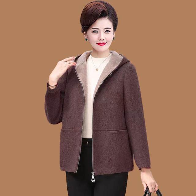Women's clothing, middle-aged and elderly autumn and winter hooded large size mother's clothing wool jacket, zipper, fashionable wool hooded slim top
