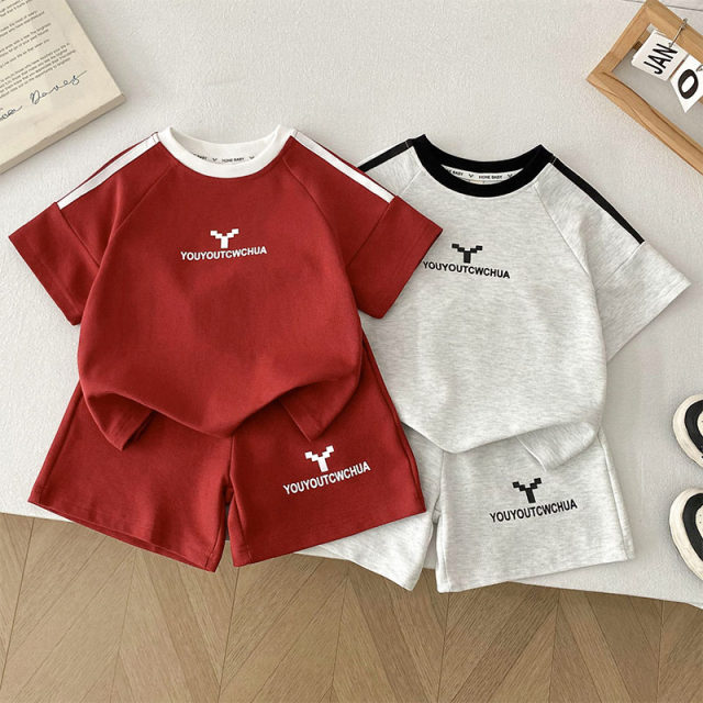 Children's summer sportswear set 2025 new boys pure cotton short-sleeved two-piece summer suit boys handsome children's clothing