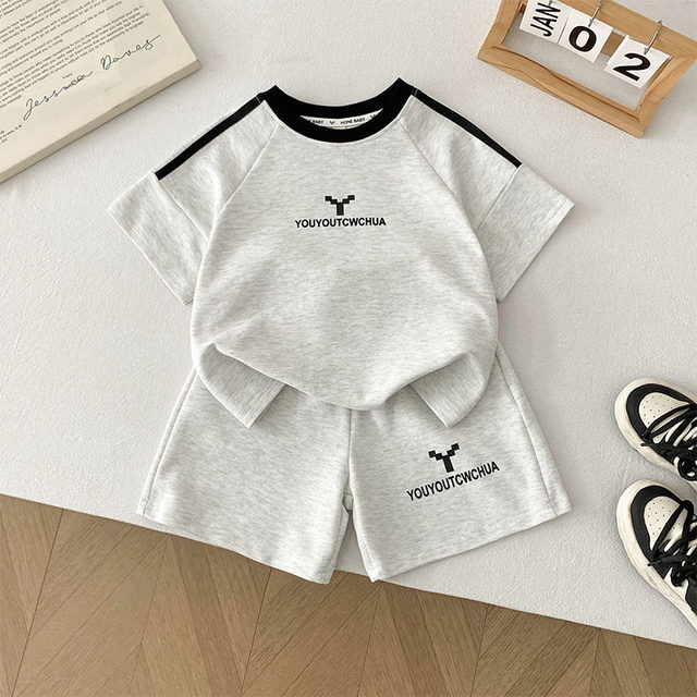 Children's summer sportswear set 2025 new boys pure cotton short-sleeved two-piece summer suit boys handsome children's clothing
