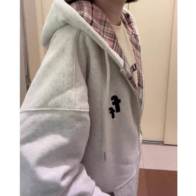Thin hooded contrasting plaid gray sweatshirt for women oversize loose lazy style cardigan jacket top
