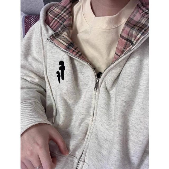 Thin hooded contrasting plaid gray sweatshirt for women oversize loose lazy style cardigan jacket top

