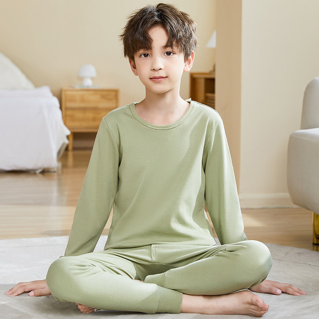 Catman Children's Autumn Clothes and Autumn Pants Set All Pure Cotton Underwear Boys' Middle-aged and Teenagers' Pajamas Cotton Sweater Bottoming