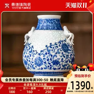 中国 青花 孔雀花文 双耳瓶 Q R2825B - 美術品