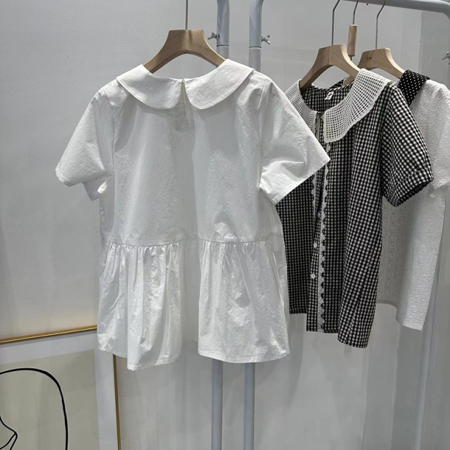 New summer white doll collar small loose women's shirt pullover short-sleeved cotton versatile women's top with large size