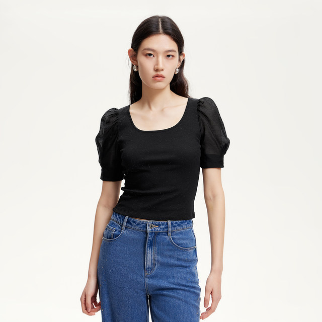 Vero Moda T-shirt 2025 summer new round neck puff sleeve bright silk knitted T-shirt versatile 325102028