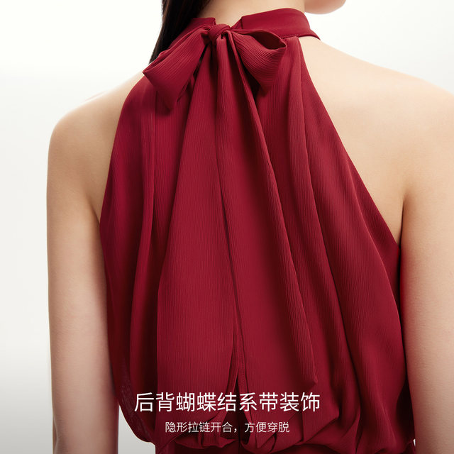 Vero Moda Dress 25 Summer New Style Light Men's Halves Neck Lace-up Pleated Chiffon Spliced ​​Banquet Dress