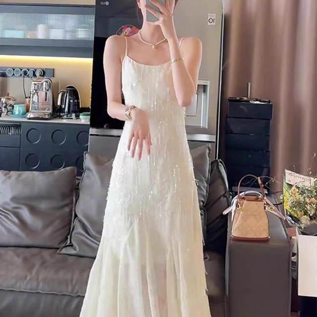Large size women's French high-end fringe bead piece fish tail suspender dress birthday party temperament light luxury dress