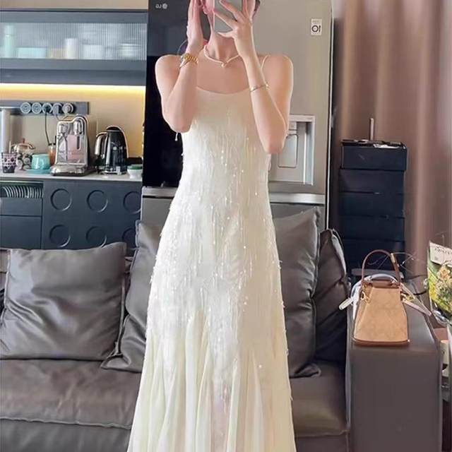 Large size women's French high-end fringe bead piece fish tail suspender dress birthday party temperament light luxury dress