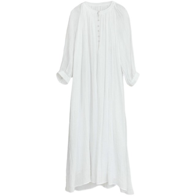 Literary retro white women's mid -length skirt new model seven -point sleeve pure color ramie crushing pleated loose large dressing dress