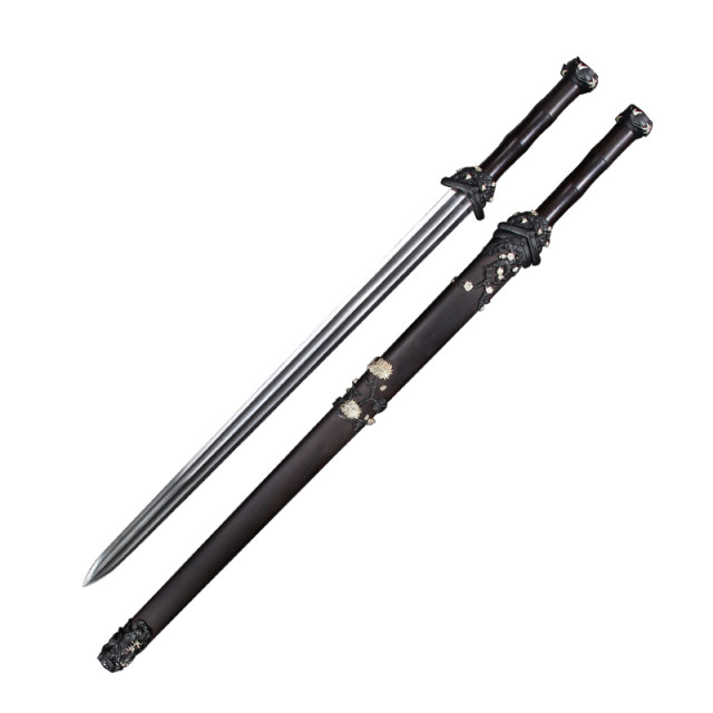 Longquan Guyue Sword Shop one-piece long patterned steel Han sword Tang sword ebony plum blossom sword traditional unedged sword