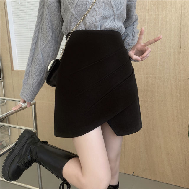 Mao woolen skirt 2021 new foreign aura autumn and winter large size cover belly thin A -line skirt asymmetric pleated skirt
