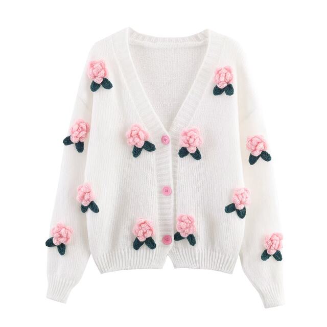 
WMXZ Autumn 2025 New Sweet V Neck Handmade Flower Decoration Casual Knit Cardigan Jacket Women