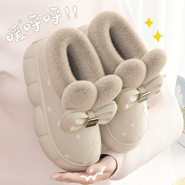 Thick-soled bow cotton slippers for women 2025 winter new style indoor home warm outdoor wear bag heel waterproof cotton shoes