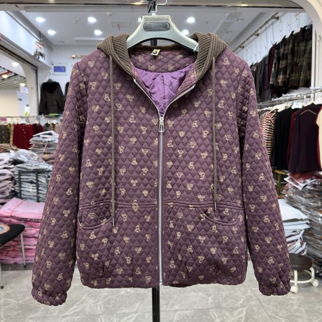 Young mother's hooded quilted printed coat autumn and winter new style foreign style loose casual jacket top for middle-aged and elderly people