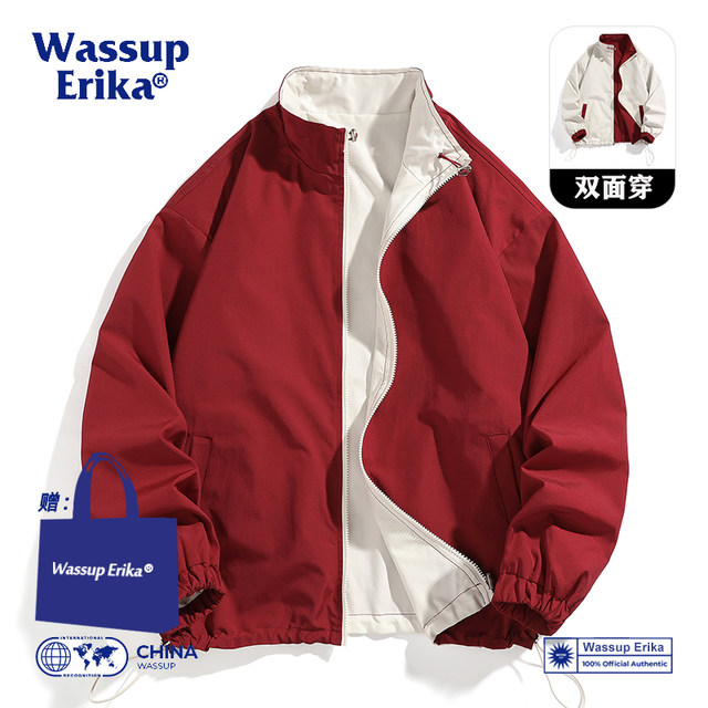 Wassup erika dopamine couple wore jackets on both sides, men and women autumn Japanese pink tops standing collar
