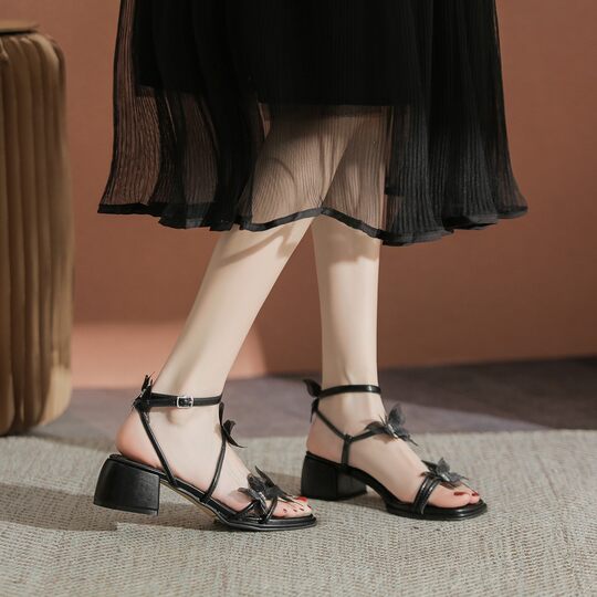 Beautiful fairy style French thick heel sandals for women 2025 summer new trendy one-word butterfly flower open toe high heels