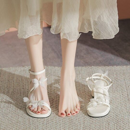 Beautiful fairy style French thick heel sandals for women 2025 summer new trendy one-word butterfly flower open toe high heels