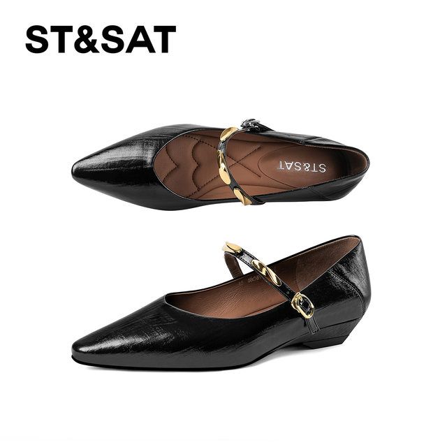 Saturday French Mary Jane Shoes Women's 2025 Retro Pointed Toe One-Buckle Low Heel Single Shoes Shallow Mouth Leather Flat Shoes