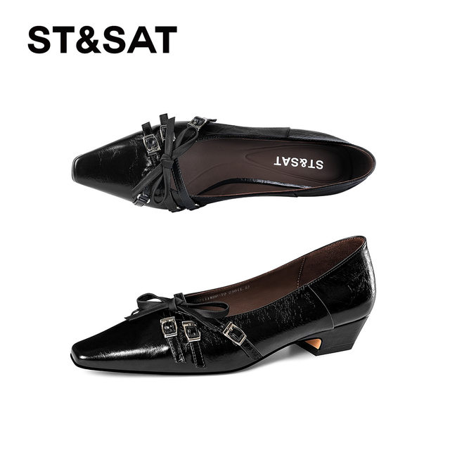 Saturday French retro single shoes for women 2025 square toe thick heel bow Mary Jane shoes genuine leather shallow mouth small leather shoes
