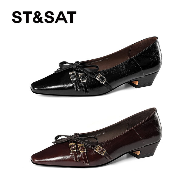 Saturday French retro single shoes for women 2025 square toe thick heel bow Mary Jane shoes genuine leather shallow mouth small leather shoes