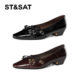 Saturday French retro single shoes for women 2025 square toe thick heel bow Mary Jane shoes genuine leather shallow mouth small leather shoes