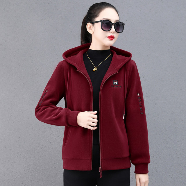 2025 Autumn and Winter Middle-aged and Elderly Austrian Velvet Hooded Zipper Jacket Fashionable Velvet Thickened Casual Sports Top for Women