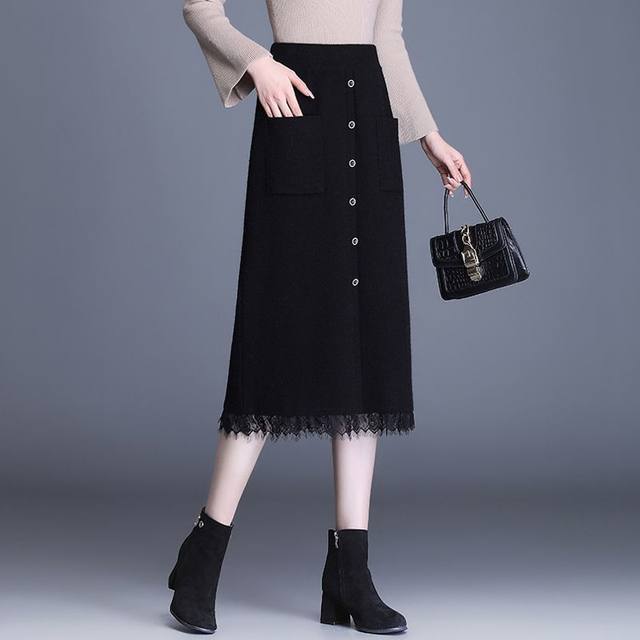 Knitted skirt for women in spring, autumn and winter new mid-length hip-covered skirt waist-hugging and slimming high waist pocket A-line winter skirt
