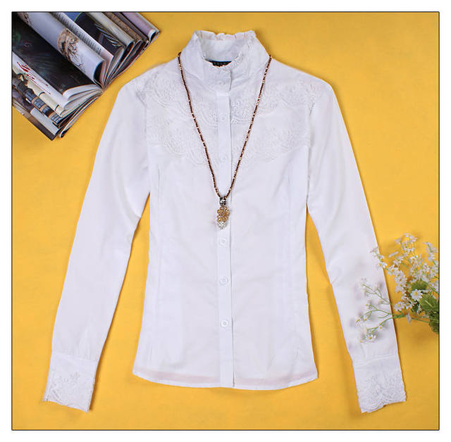 Autumn shirt for women long sleeves plus velvet large size lace stand collar lace professional cotton shirt slim base top inch