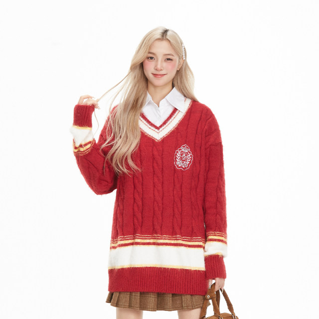 NERESUM American retro college style V-neck pullover sweater for women in autumn and winter lazy atmosphere sweet knitted sweater