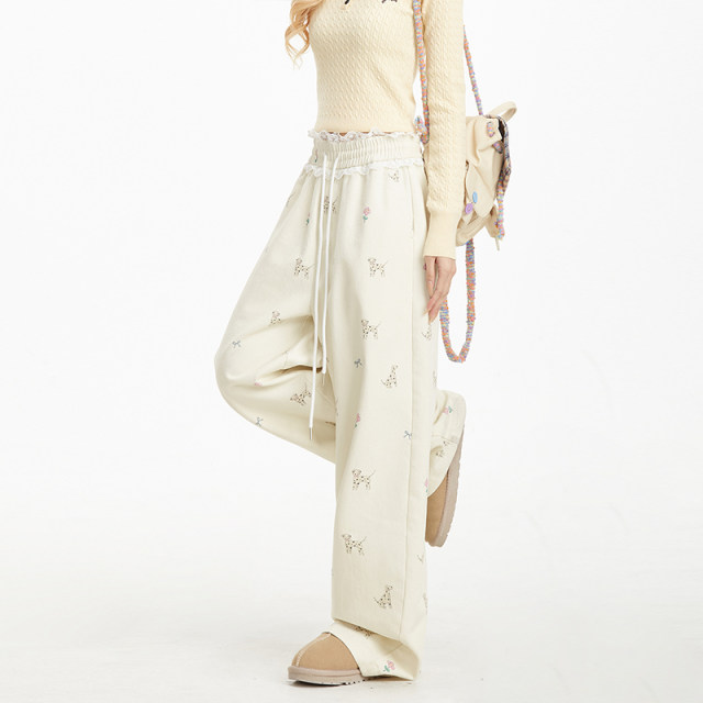NERESUM milk apricot puppy printed casual trousers loose straight pants lace splicing draped slimming pants