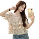 French ruffled floral top for women in summer small design niche sweet style chic five-point sleeve shirt
