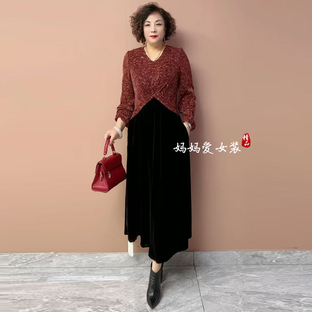 Autumn and winter fashion temperament mother's flesh-covering slimming wide wife's velvet splicing dress loose large size flesh-covering long skirt