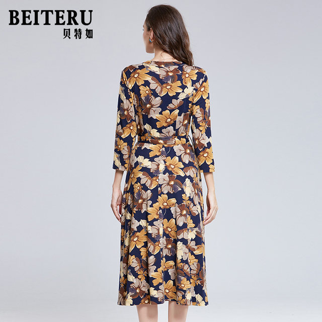 Betru's mother's dress autumn new fashion floral middle-aged women's style over-the-knee long skirt counter genuine YJ